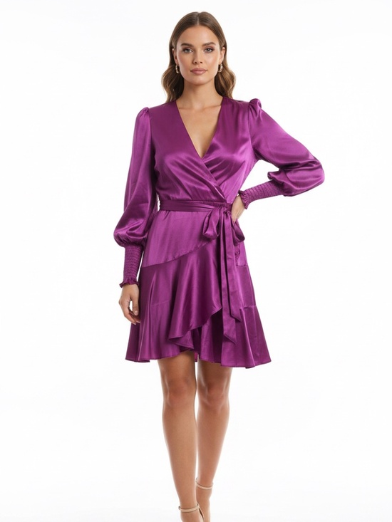 Fate Dresses & Skirts - Fate Purple Satin Faux Wrap Tie Waist Ruffle Mini Dress
